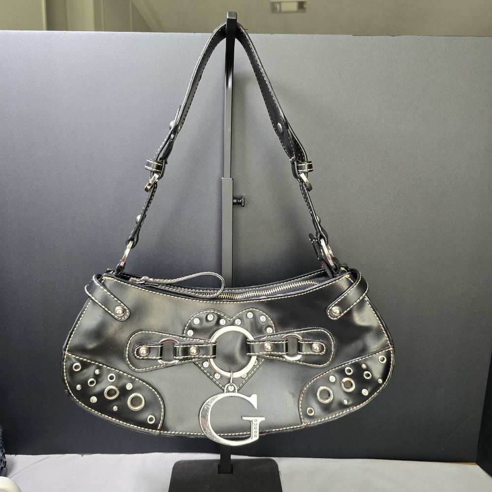 Guess Y2K Black Studded Baguette Faux Leather Bling - Picture 2 of 10